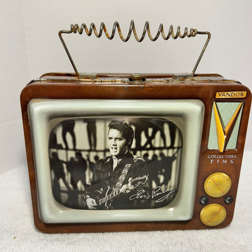 Elvis Presley Vandor Collectible Tin Retro TV Shape Faux Wood Grain Brown Latch